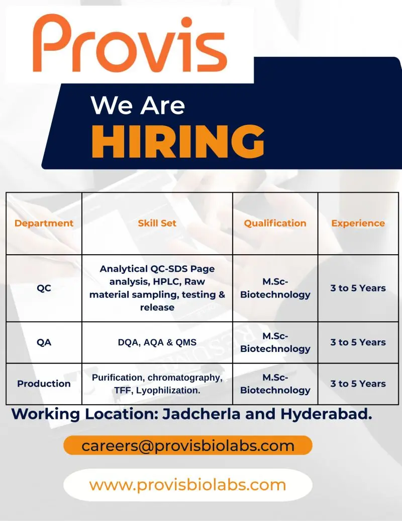 Provis Biolabs Hiring QC,QA,Production 3 Provis Biolabs Hiring QC,QA,Production