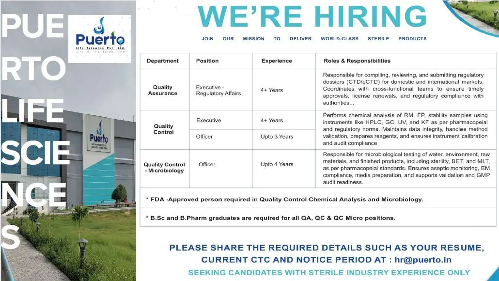 Puerto Life Sciences Hiring QA, QC & QC Micro 3 Puerto Life Sciences Hiring QA, QC & QC Micro