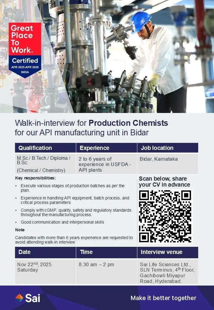 Sai Life Sciences Walk-in Production Chemist 3 Sai Life Sciences Walk-in Production Chemist