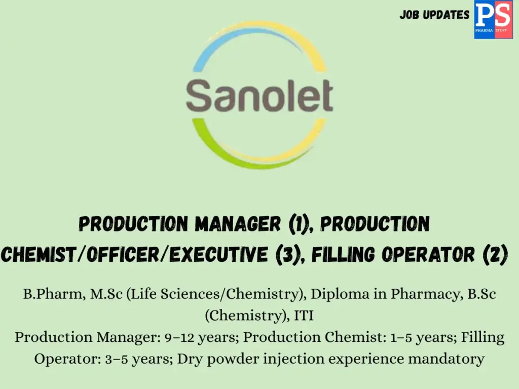 Sanolet walk-in Production Manager, Production Chemist, Filling Operator