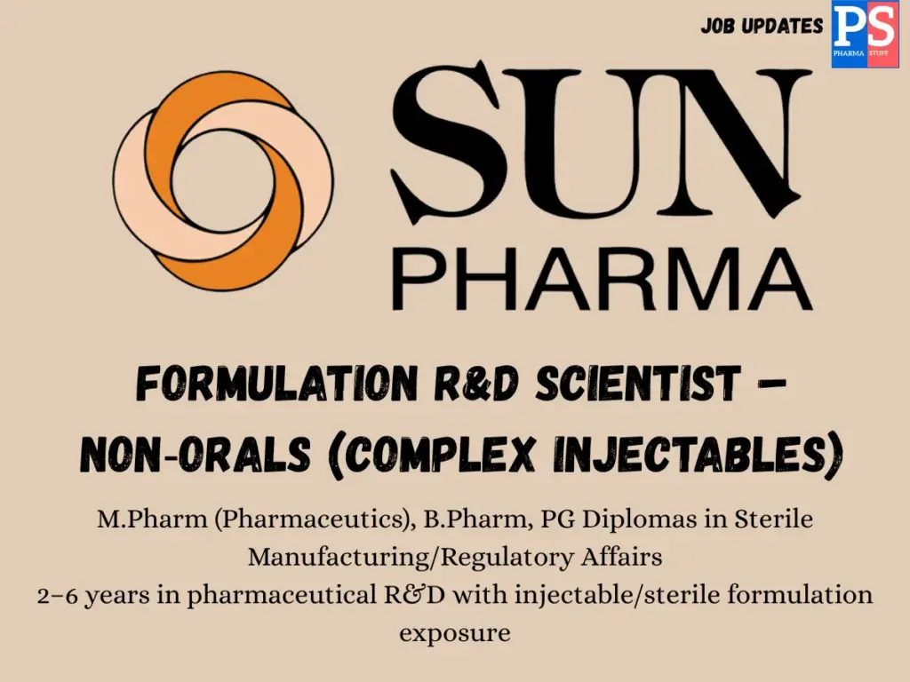 Sun Pharma Hiring Formulation R&D Scientist