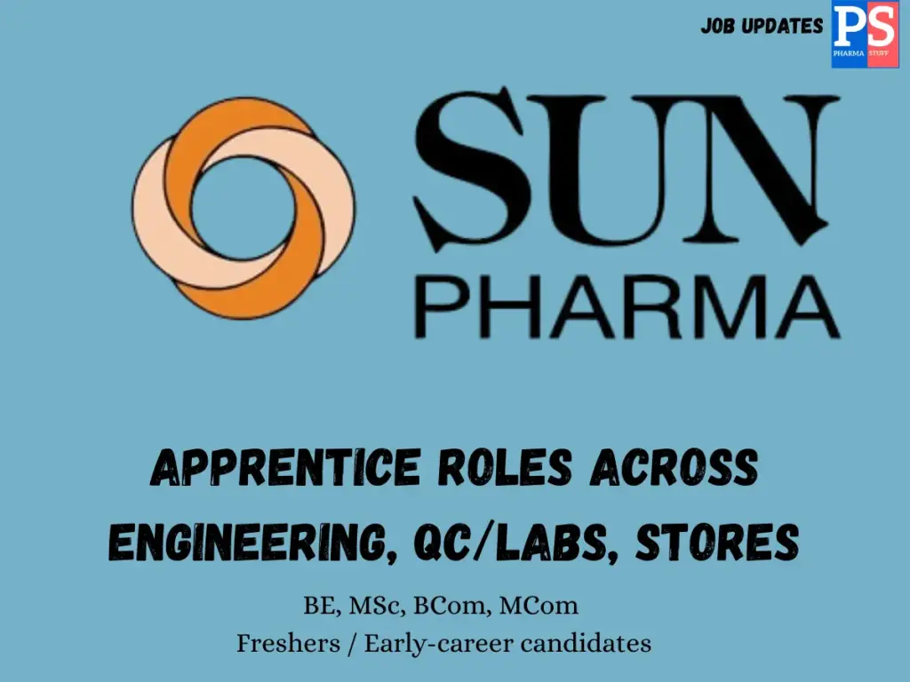 Sun Pharma Walk-in Apprentice roles across Engineering, QC/Labs, Stores