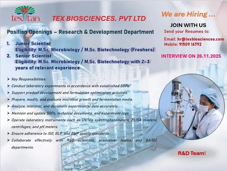 Tex Biosciences Hiring Junior & Senior Scientists 2 Tex Biosciences Hiring Junior & Senior Scientists