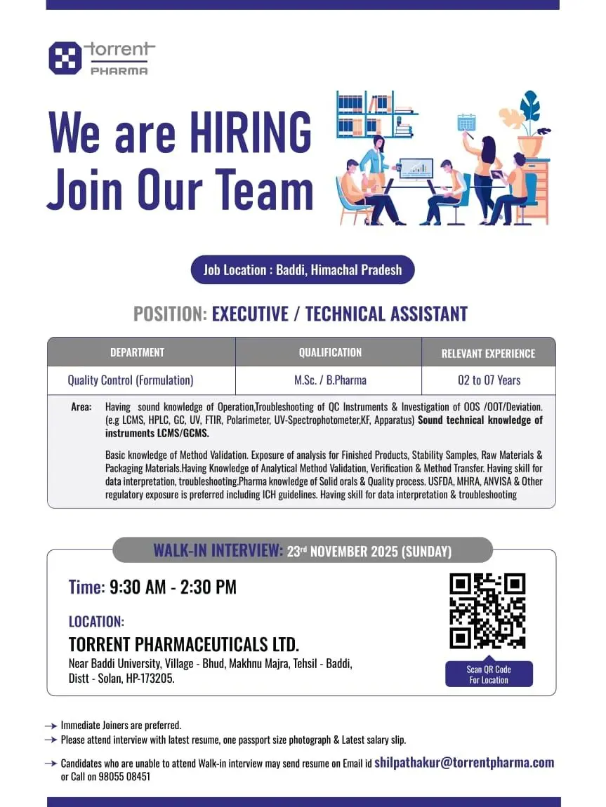 Torrent Pharma Walk-in QC Executive/TA 3 Torrent Pharma Walk-in QC Executive/TA