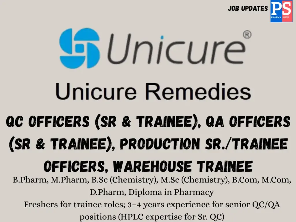 Unicure Hiring QC, QA, Production, Warehouse