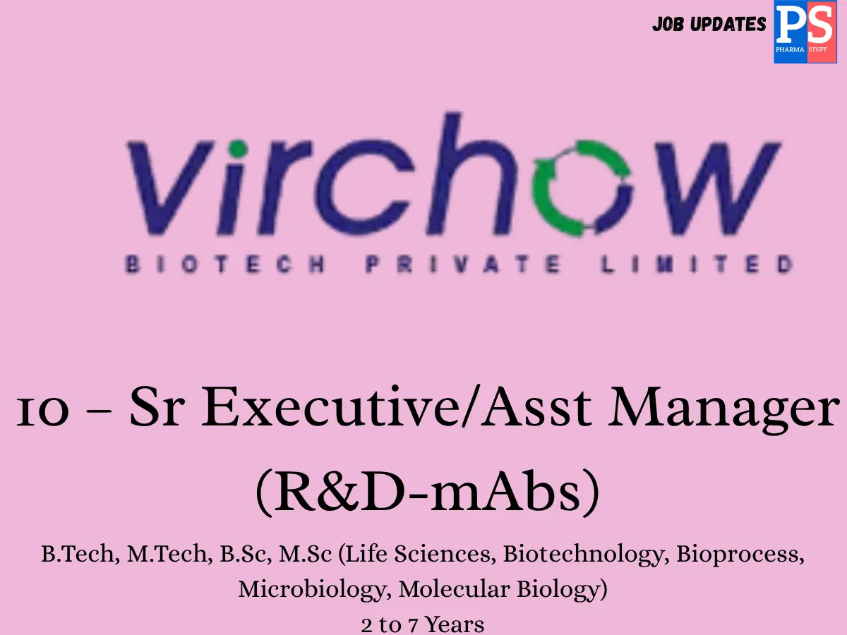 Virchow Biotech Hiring Sr ExecutiveAsst Manager RD