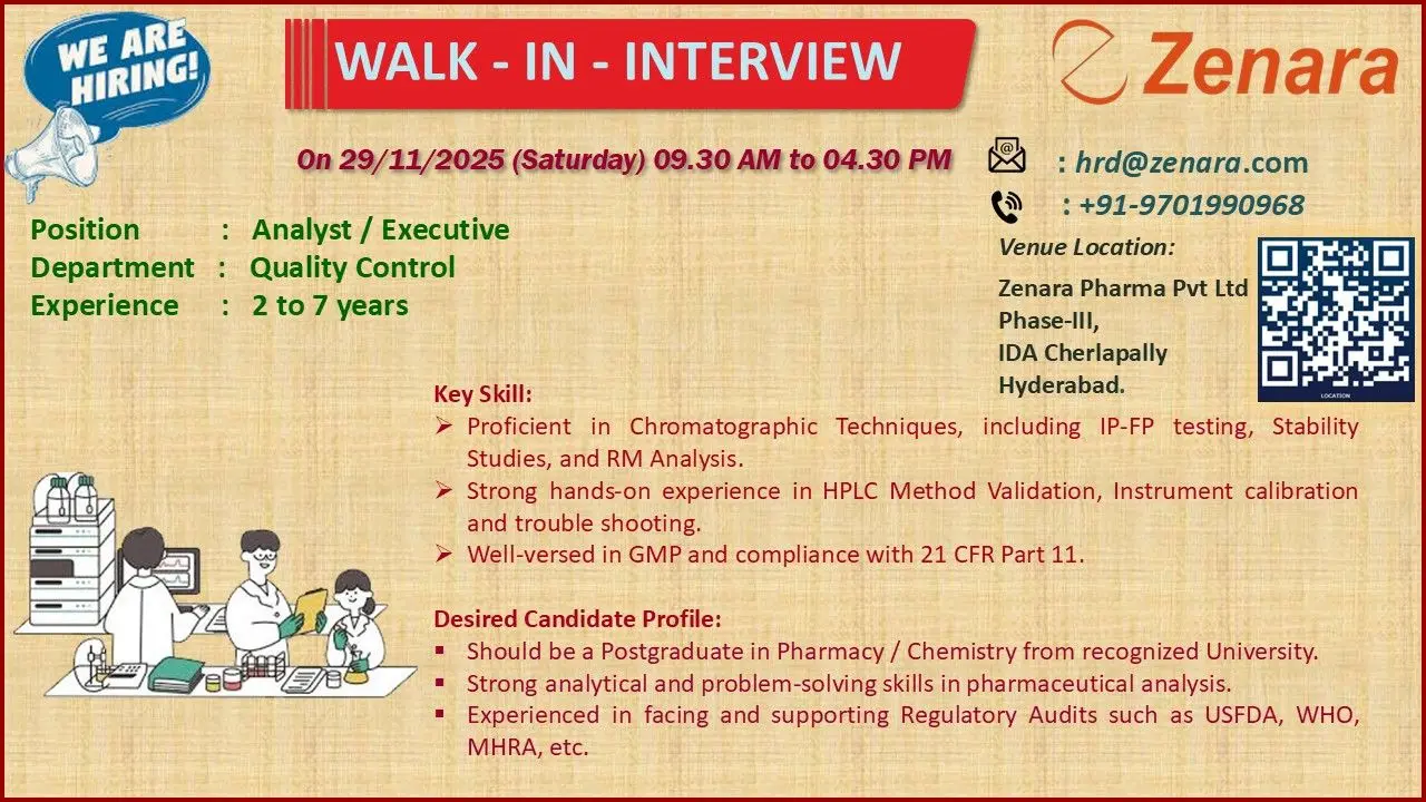 Zenara Walk-in QC Analyst & Executive 3 Zenara Walk-in QC Analyst & Executive