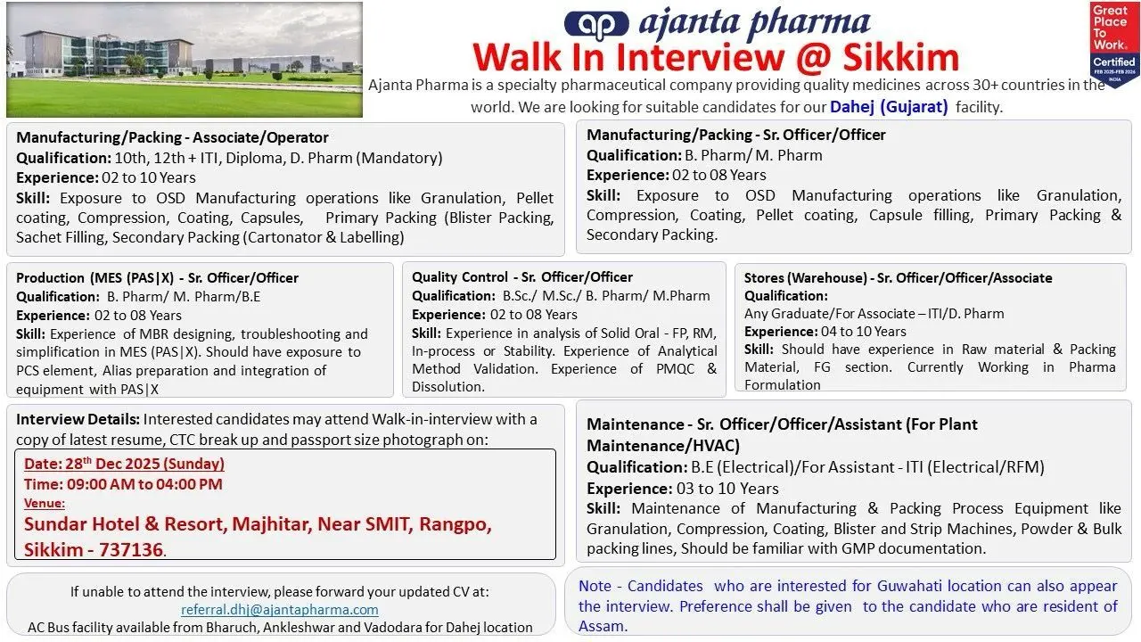 Ajanta Walk-In Manufacturing, Packing, QC, MES & Maintenance 3 Ajanta Walk-In Manufacturing, Packing, QC, MES & Maintenance