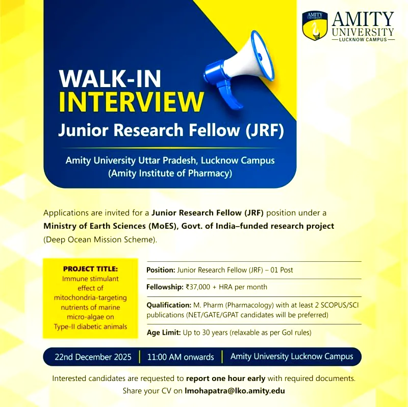 Amity University Lucknow hiring Junior Research Fellow 2 Amity University Lucknow hiring Junior Research Fellow