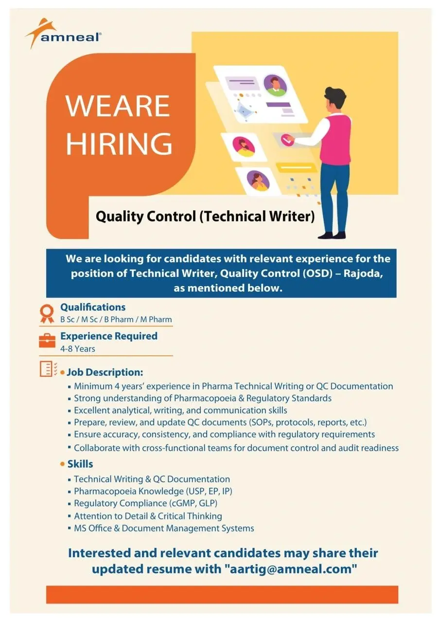 Amneal Hiring QC Technical Writer 3 Amneal Hiring QC Technical Writer