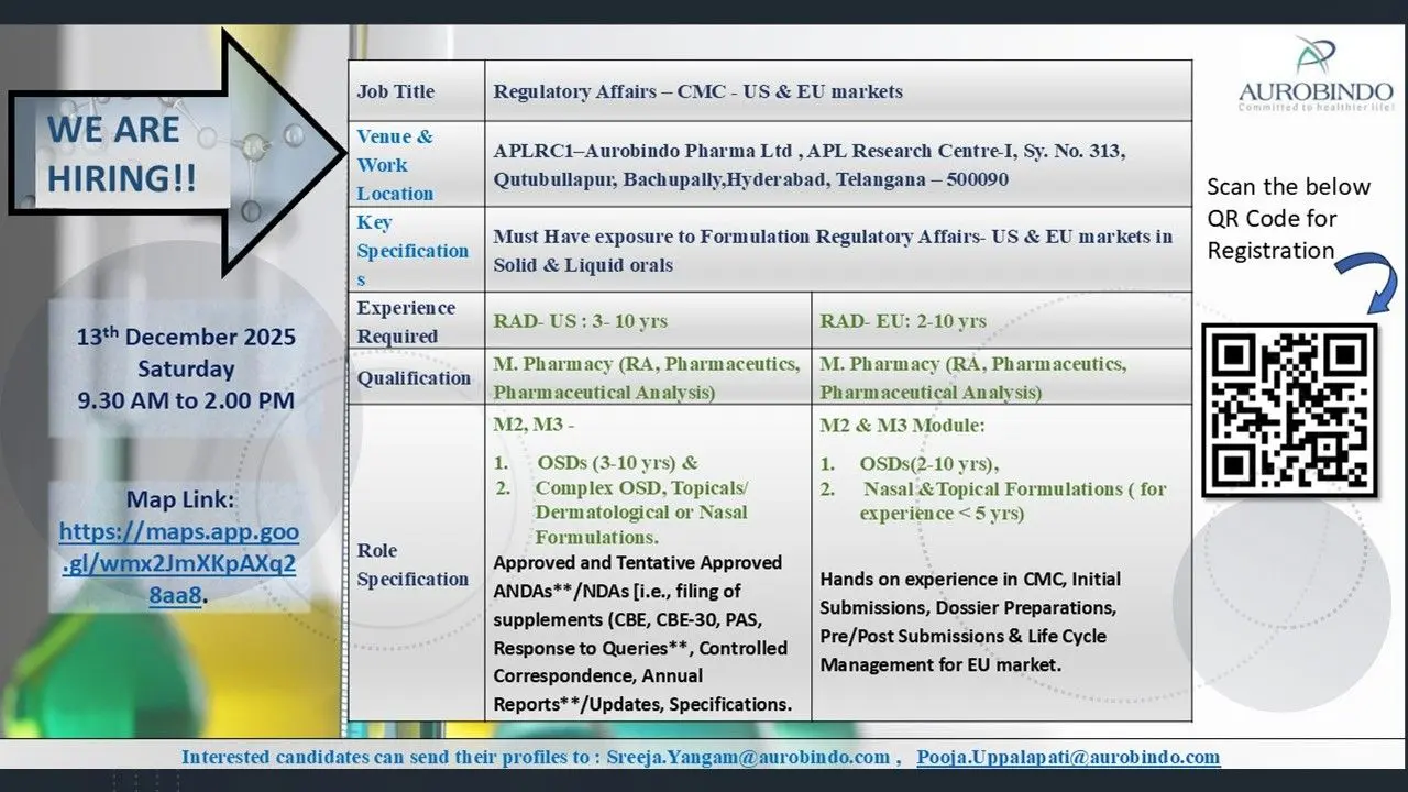 Aurobindo Hiring Regulatory Affairs 3 Aurobindo Hiring Regulatory Affairs