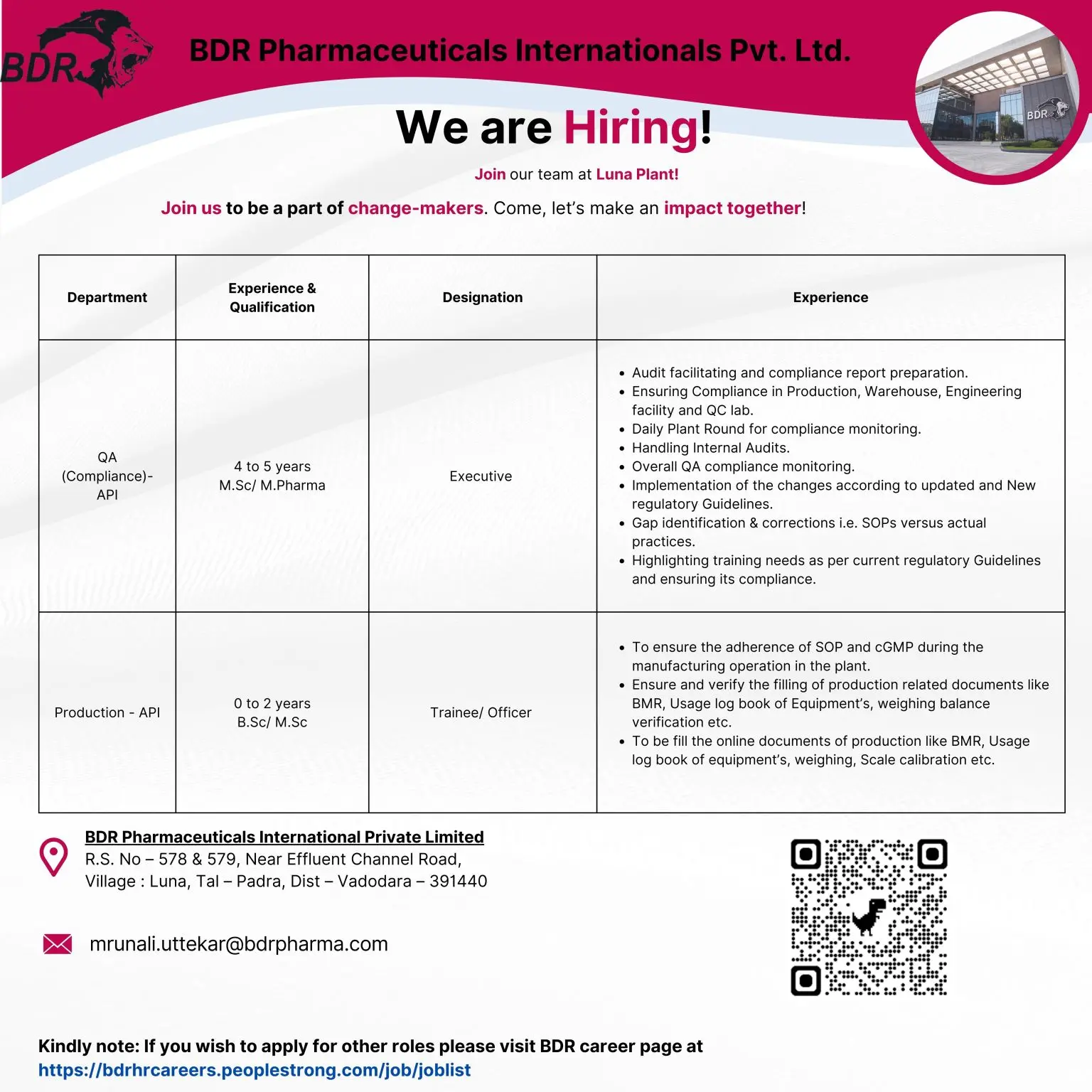 BDR Pharmaceuticals Hiring QA & Production API 3 BDR Pharmaceuticals Hiring QA & Production API