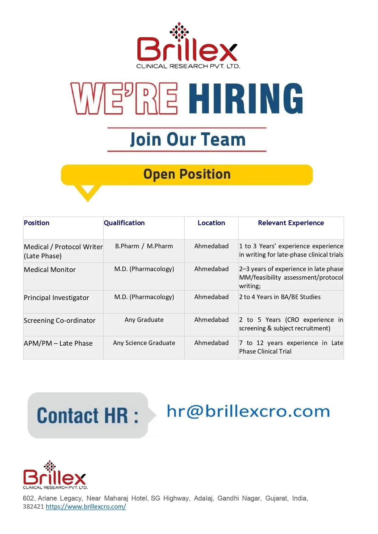 Brillex Clinical Research Hiring B.Pharm–MD 3 Brillex Clinical Research Hiring B.Pharm–MD