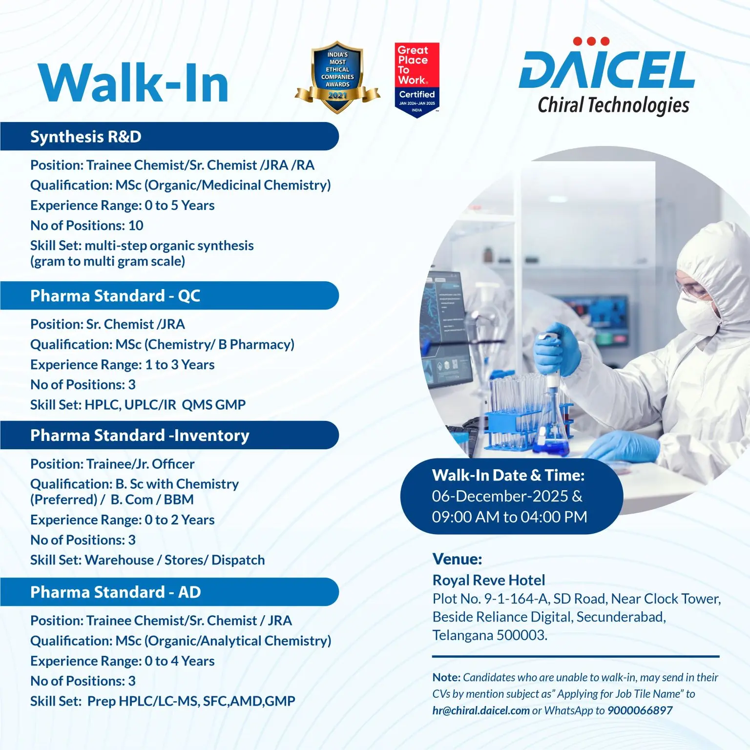 Daicel Chiral Walk-in Synthesis R&D & QC 3 Daicel Chiral Walk-in Synthesis R&D & QC