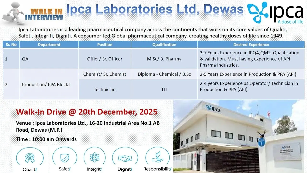 Ipca walk-in QA Officer, Chemist, Technician 3 Ipca walk-in QA Officer, Chemist, Technician