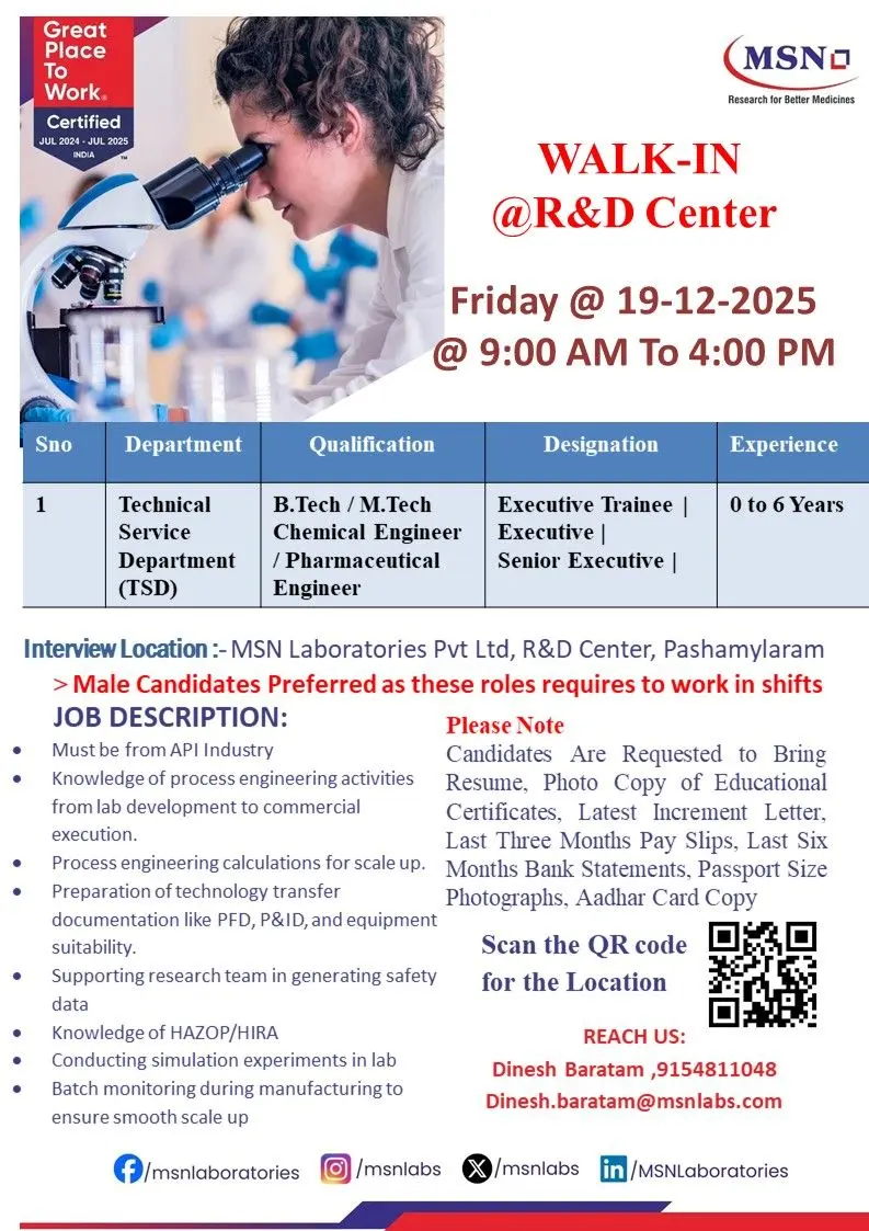 MSN Laboratories Walk-in TSD Openings 3 MSN Laboratories Walk-in TSD Openings