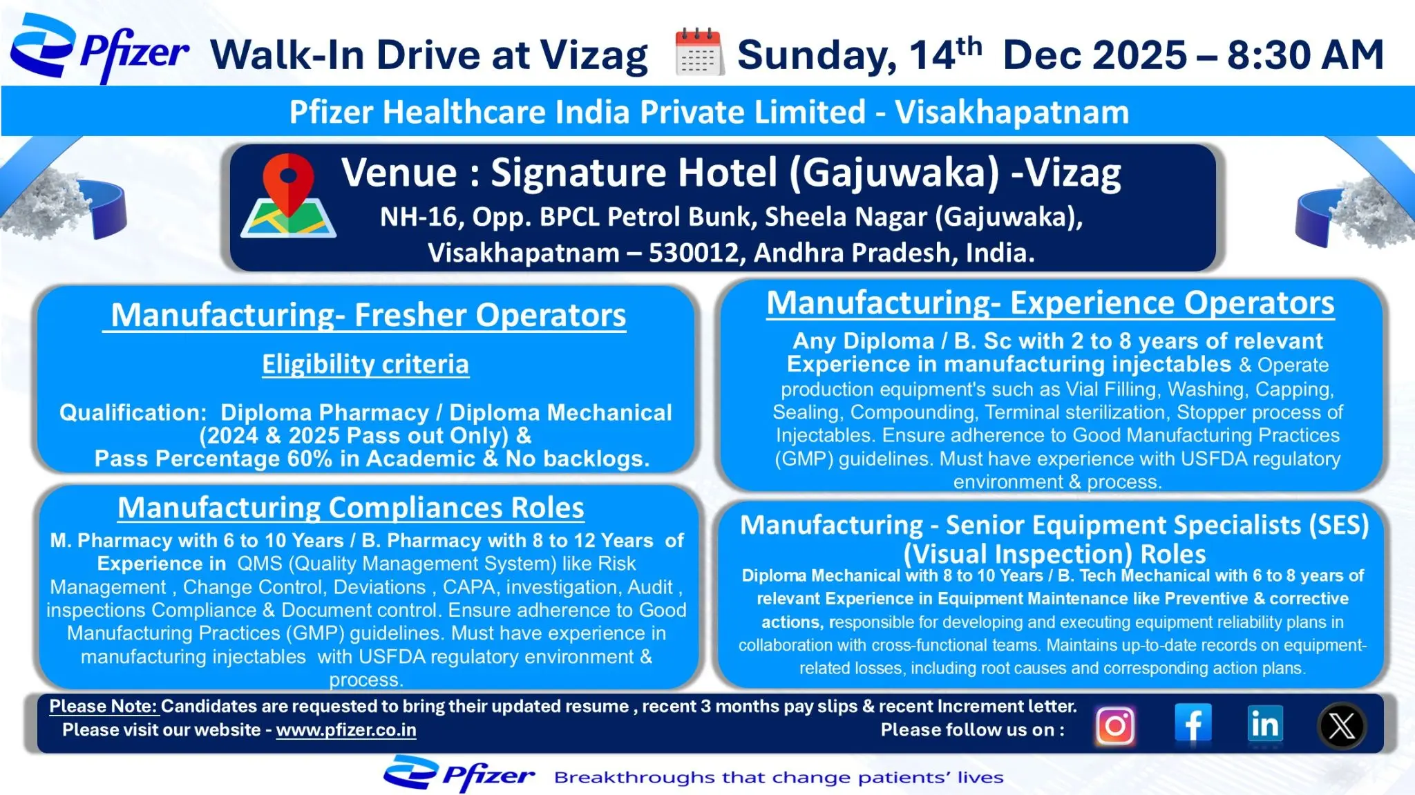 Pfizer walk-in Diploma Pharmacy/Mechanical Fresher & Experienced 3 Pfizer walk-in Diploma Pharmacy/Mechanical Fresher & Experienced