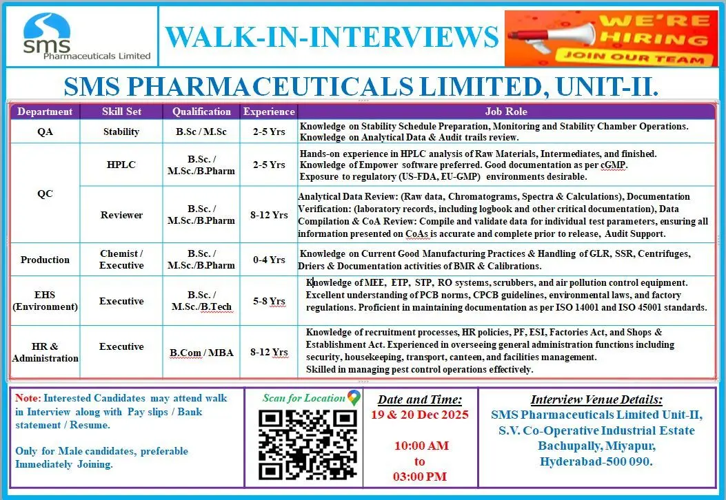 SMS Pharmaceuticals Hiring QA, QC, Production, EHS, HR 3 SMS Pharmaceuticals Hiring QA, QC, Production, EHS, HR