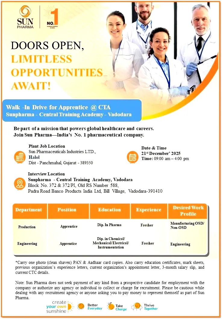 Sun Pharma hiring Apprentice Trainees in Production, Quality & Engineering 3 Sun Pharma hiring Apprentice Trainees in Production, Quality & Engineering
