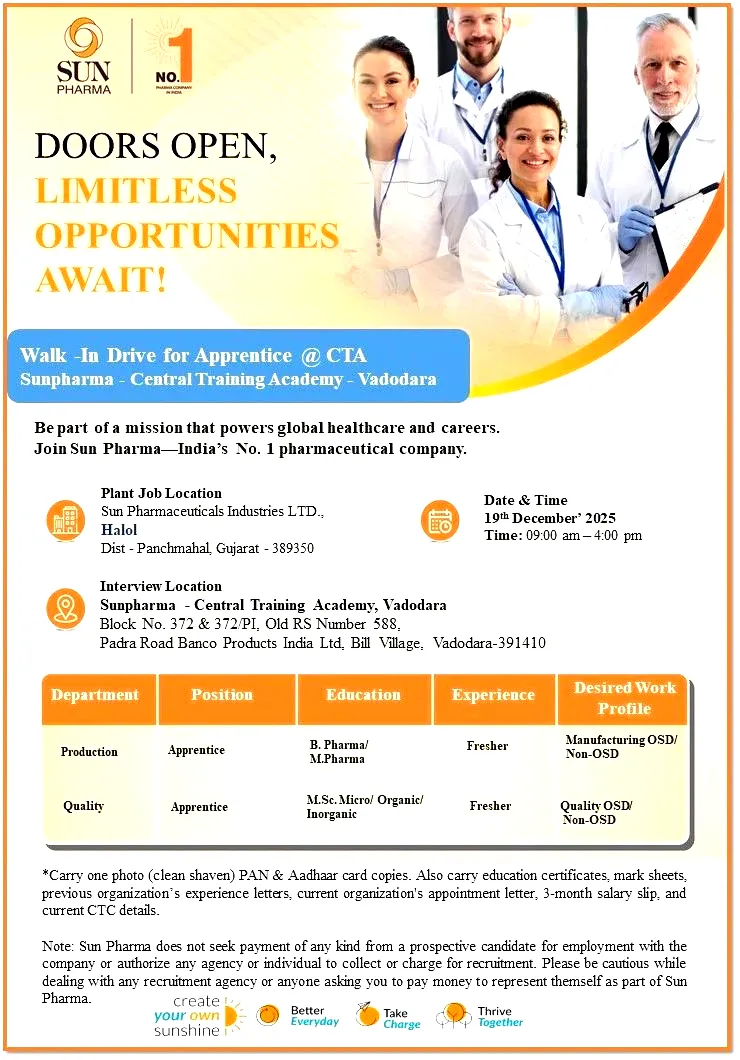 Sun Pharma hiring Apprentice Trainees in Production, Quality & Engineering 4 Sun Pharma hiring Apprentice Trainees in Production, Quality & Engineering