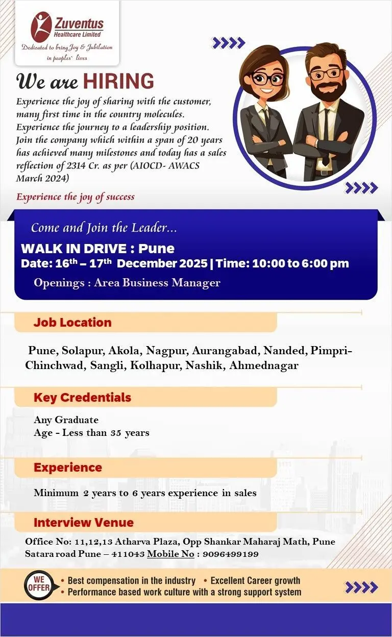 Zuventus Healthcare walk-in Business Officer & Area Business Manager 3 Zuventus Healthcare walk-in Business Officer & Area Business Manager