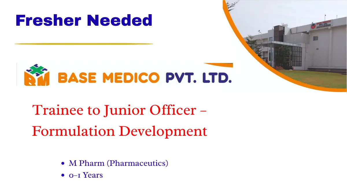 Base Medico hiring Fresher Formulation Development Trainee to Junior Officer