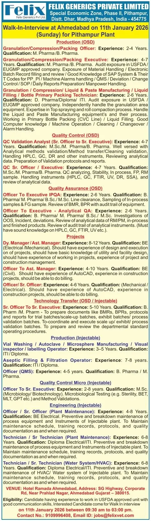 Felix Generics Walk-in Production, QA, QC, Injectable & Engineering 3 Felix Generics Walk-in Production, QA, QC, Injectable & Engineering