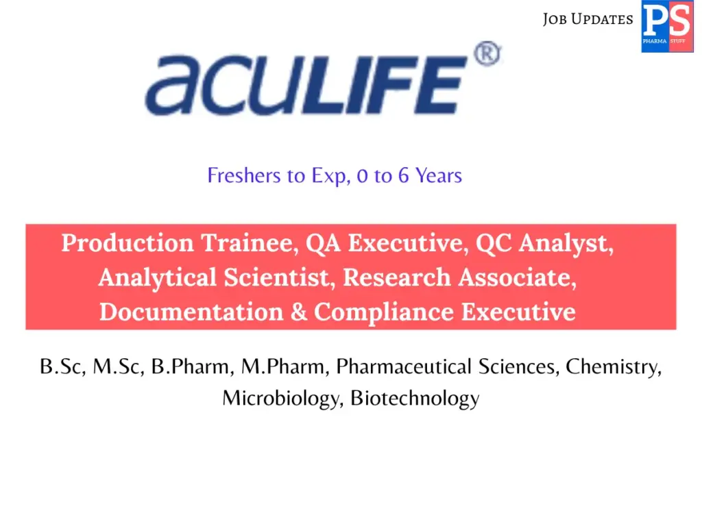 Freshers Pharma, QA, QC, Production professionals Aculife Healthcare