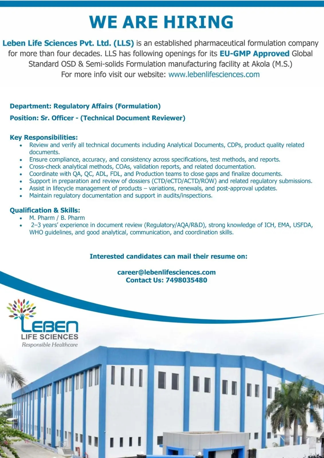 Leben Life Sciences Hiring Sr. Officer Regulatory Affairs 3 Leben Life Sciences Hiring Sr. Officer Regulatory Affairs