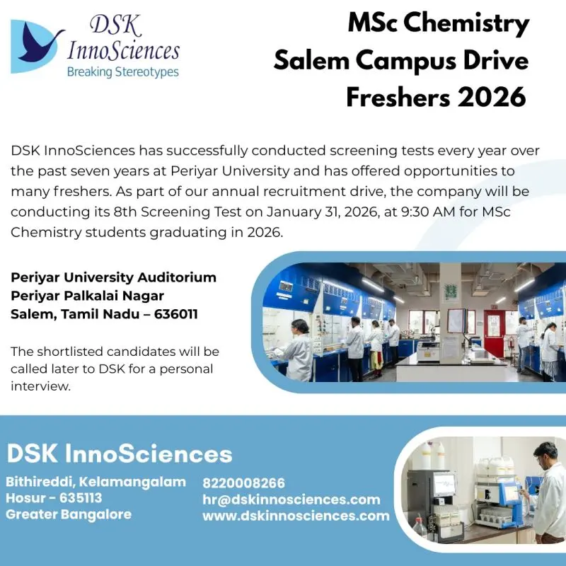 MSc Chemistry Fresher Drive – Salem DSK InnoSciences