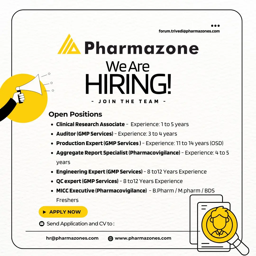 Pharmazone Hiring Clinical research, GMP, PV 3 Pharmazone Hiring Clinical research, GMP, PV