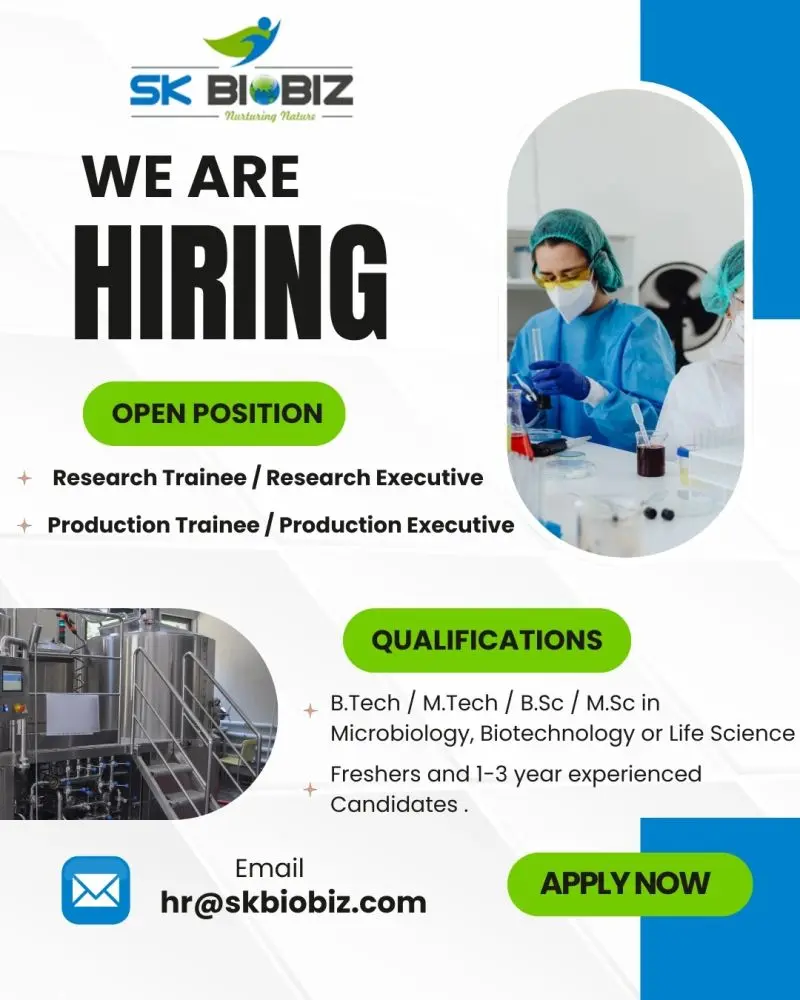Research & Production Trainee/Executive vacancies 2 Research & Production Trainee/Executive vacancies at SK Biobiz. Freshers & exp