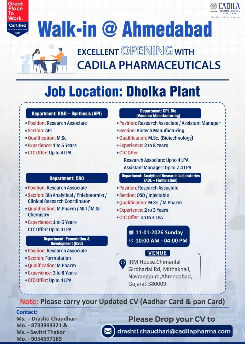 Cadila Pharmaceuticals walk-in for R&D, CRO, Formulation roles 7 cadila pharma walkin