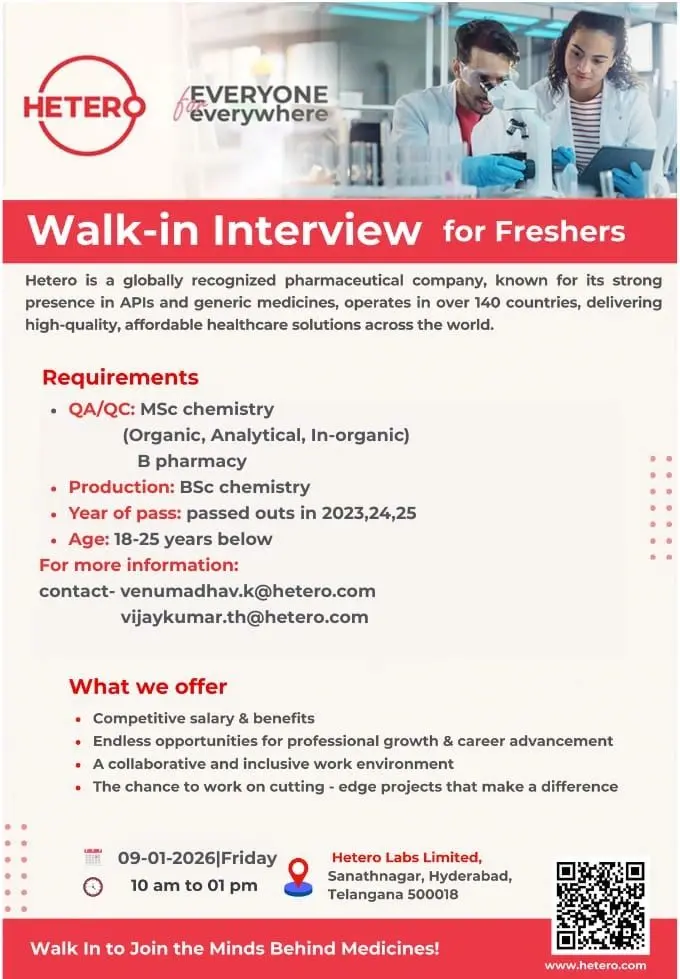 BPharm, MSc QA/QC Fresher Vacancies – Hetero Hyderabad 3 BPharm, MSc QA/QC Fresher Vacancies – Hetero Hyderabad