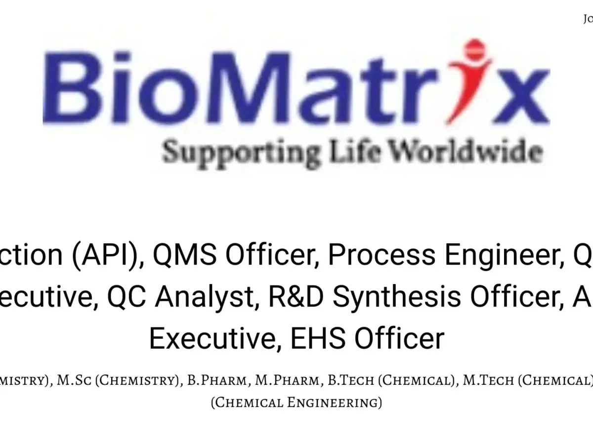 BioMatrix walk-in API Production, QC, R&D, EHS