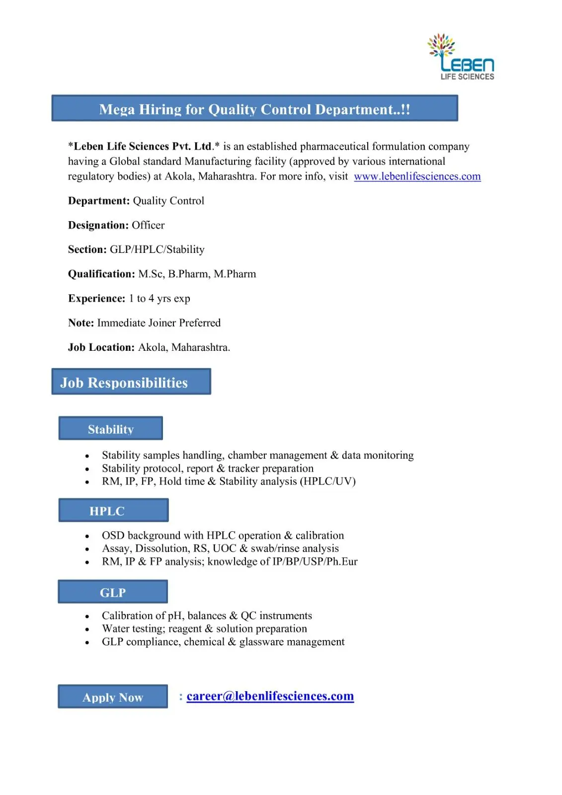 Eben Life Sciences Hiring QC Officers 3 Eben Life Sciences Hiring QC Officers