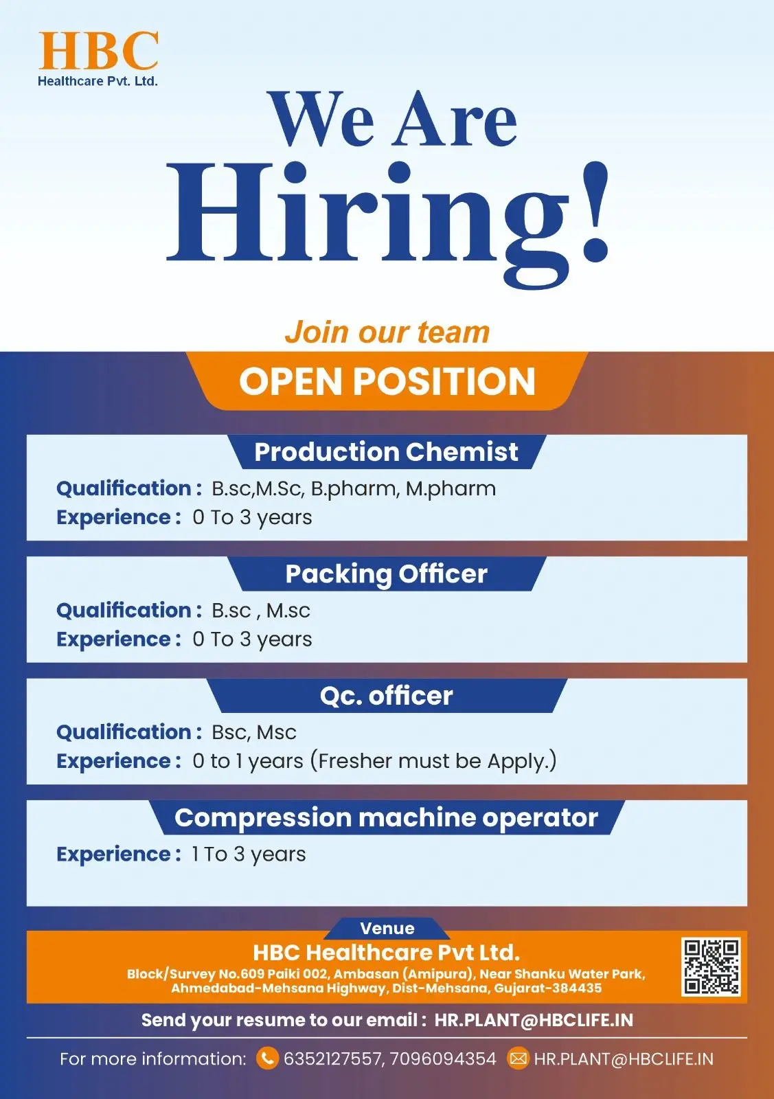 HBC Hiring Production Chemist, QC Officer, Packing Officer & Operators 3 HBC Hiring Production Chemist, QC Officer, Packing Officer & Operators