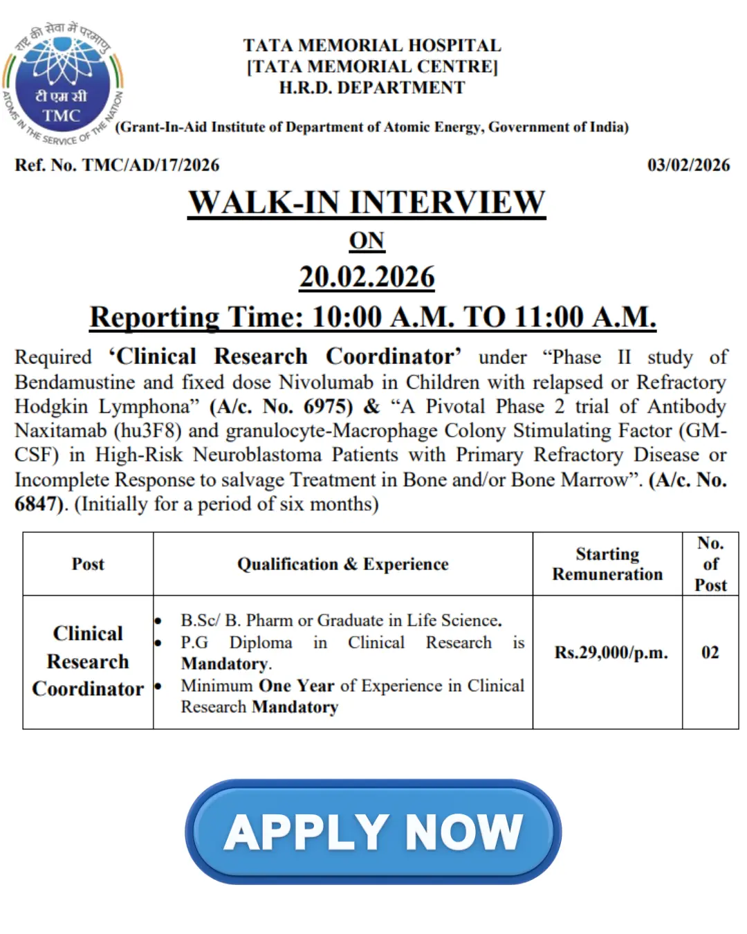 Tata Memorial Hospital Hiring Clinical Research Coordinator