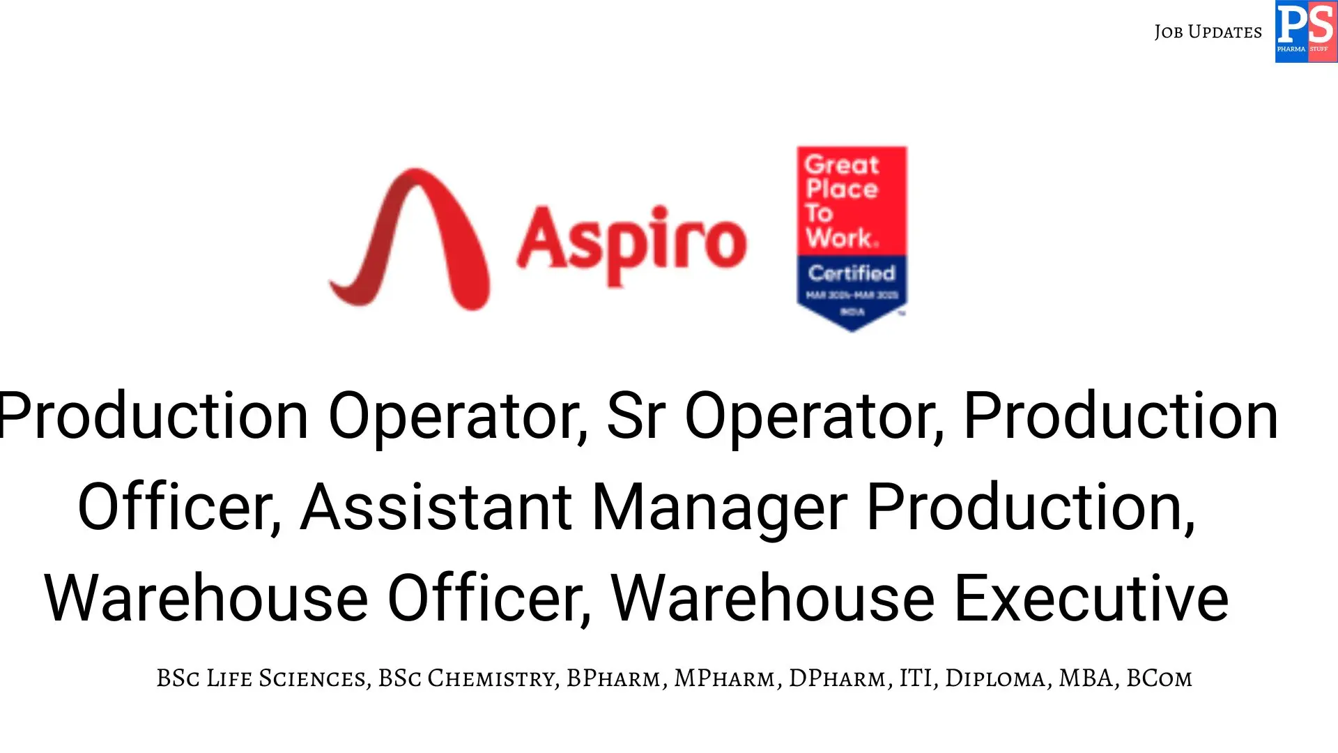 Pharma Biotech Job search & Career 12 Aspiro walk‑in Injectable Production Warehouse