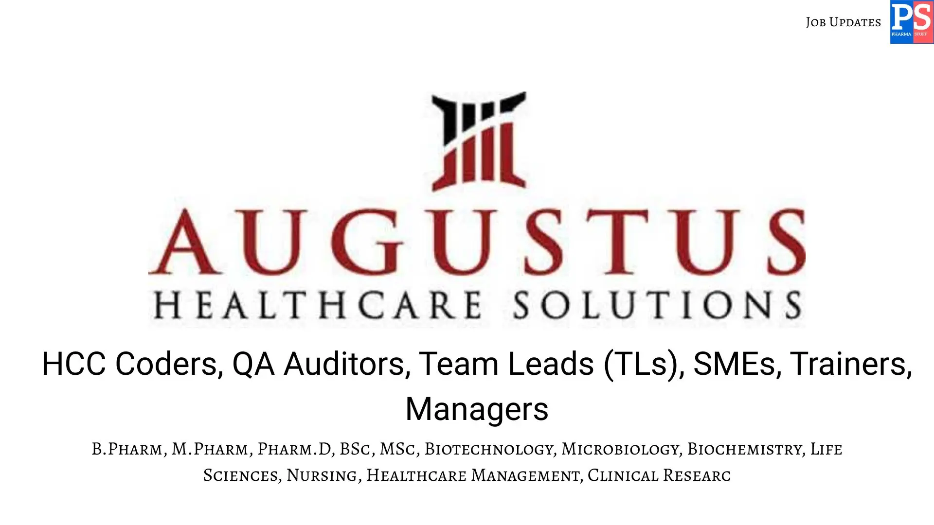 Pharma Biotech Job search & Career 10 Augustus Walk in HCC Coders QA Auditors Team Leads TLs SMEs Trainers Managers
