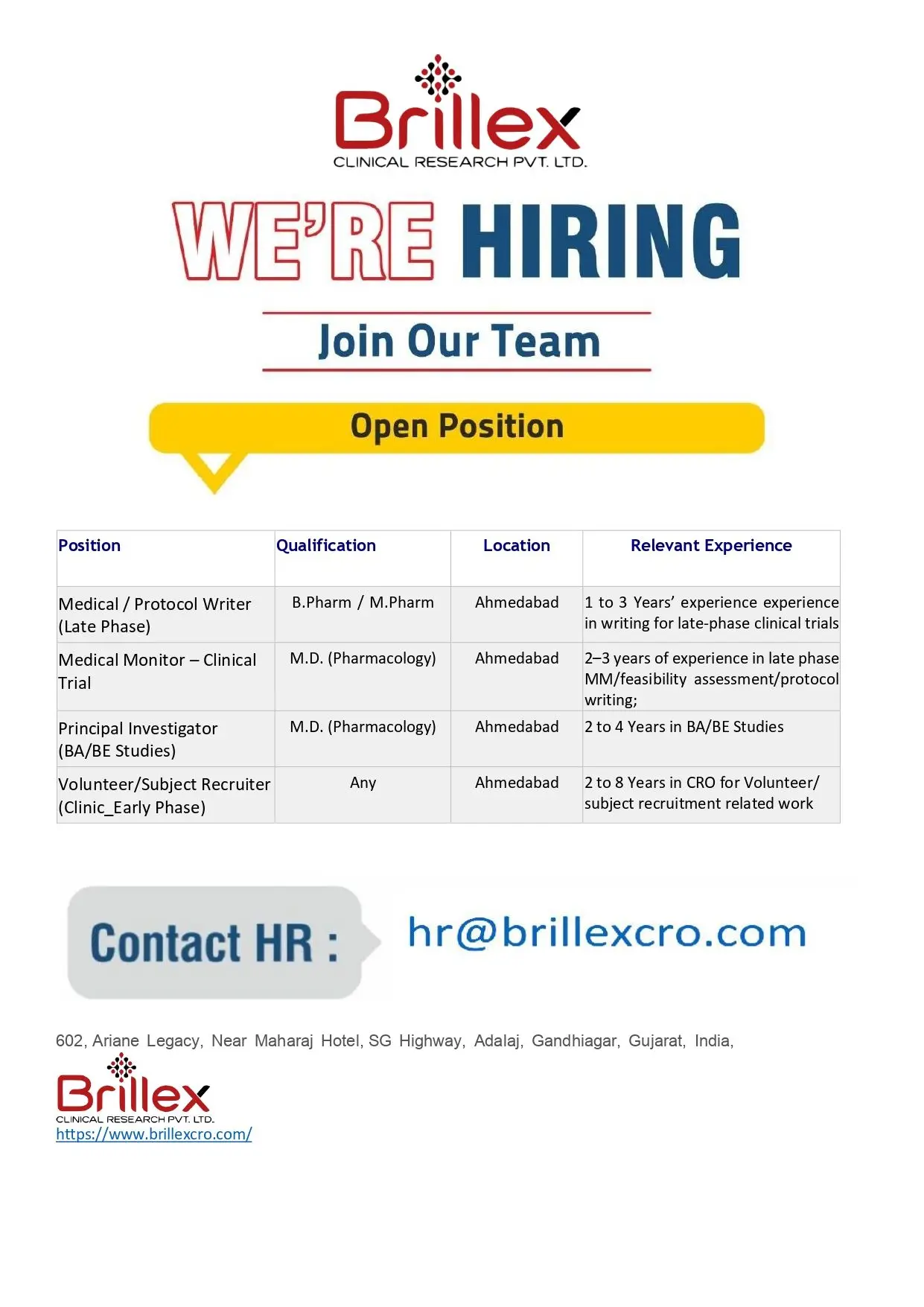 Brillex Clinical Hiring Medical Writer, Medical Monitor, Principal Investigator, Subject Recruiter 3 Brillex Clinical Hiring Medical Writer, Medical Monitor, Principal Investigator, Subject Recruiter