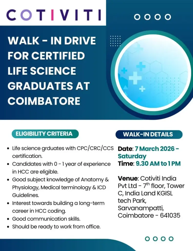 Fresher Certified Medical Coders Walkin Drive at Cotiviti
