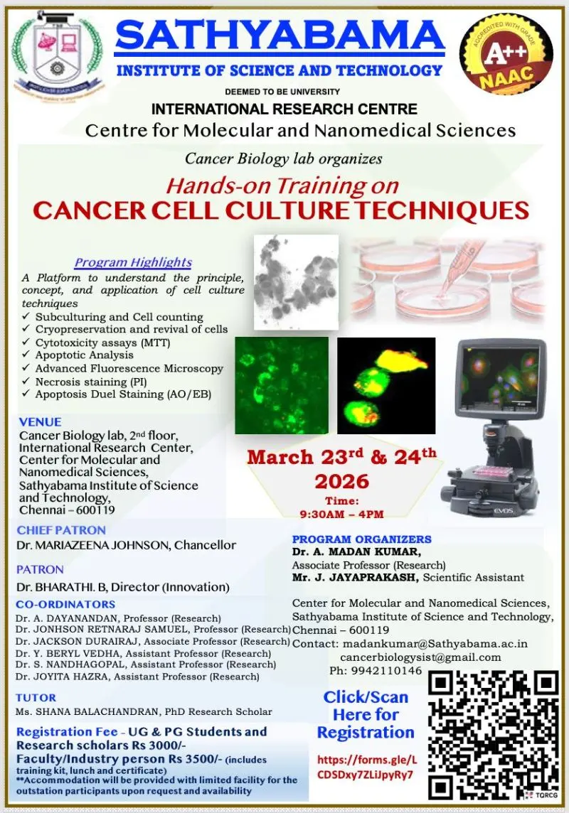 Hands‑on Training on Cancer Cell Culture Techniques – Chennai Sathyabama Institute