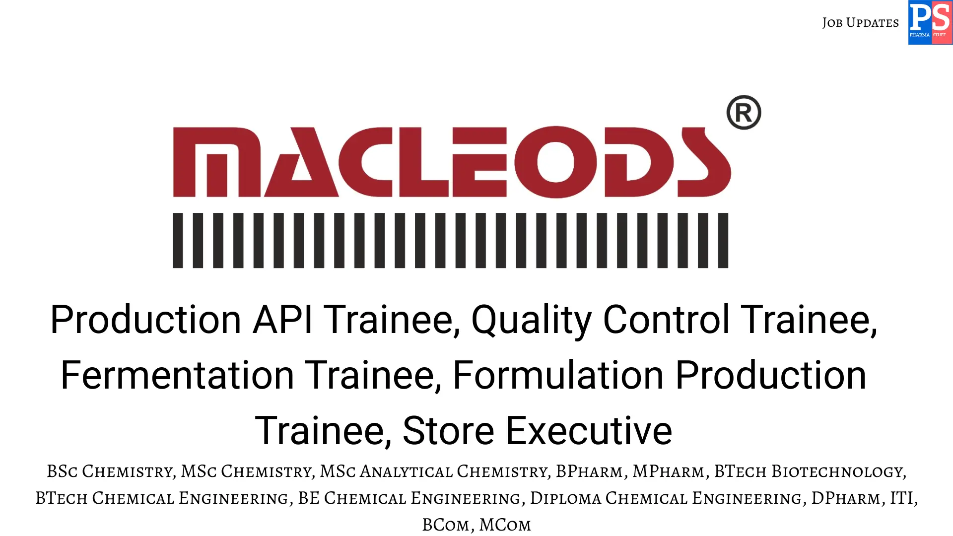 Pharma Biotech Job search & Career 25 Macleods Walk‑in BSc MSc BPharm Diploma