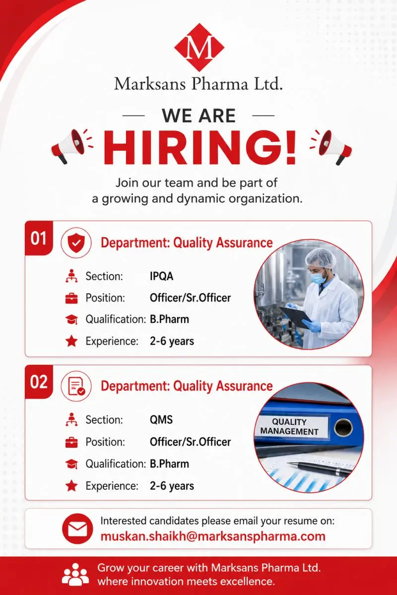 Marksans Hiring QA IPQA Officer 3 Marksans Pharma QA Officer & Senior Officer Jobs - IPQA and QMS