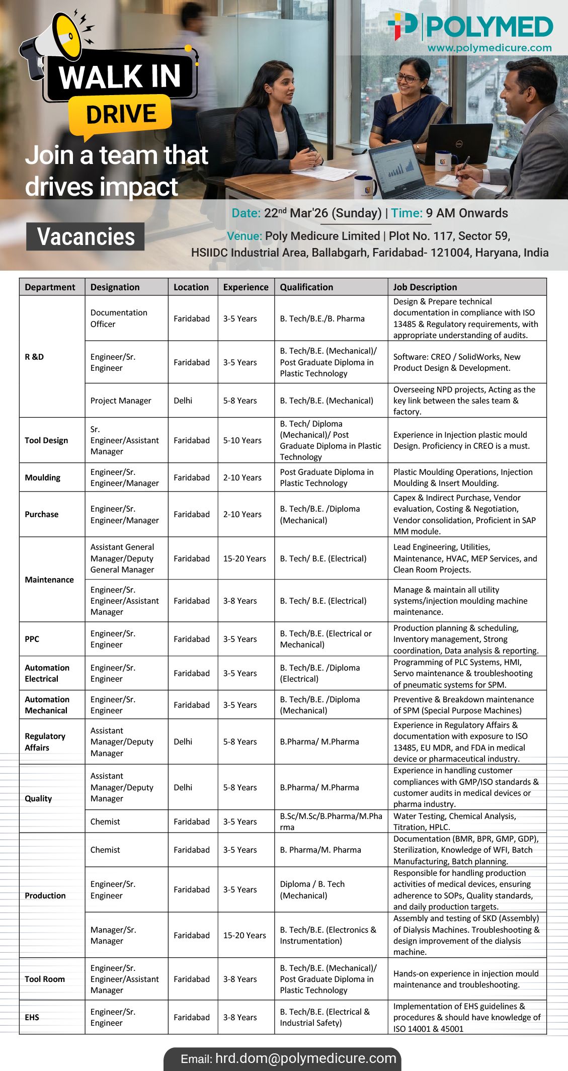 Poly Medicure Hiring Engineering, Regulatory Affairs, QA, QC, Production, EHS, Purchase 3 Poly Medicure Hiring Engineering, Regulatory Affairs, QA, QC, Production, EHS, Purchase