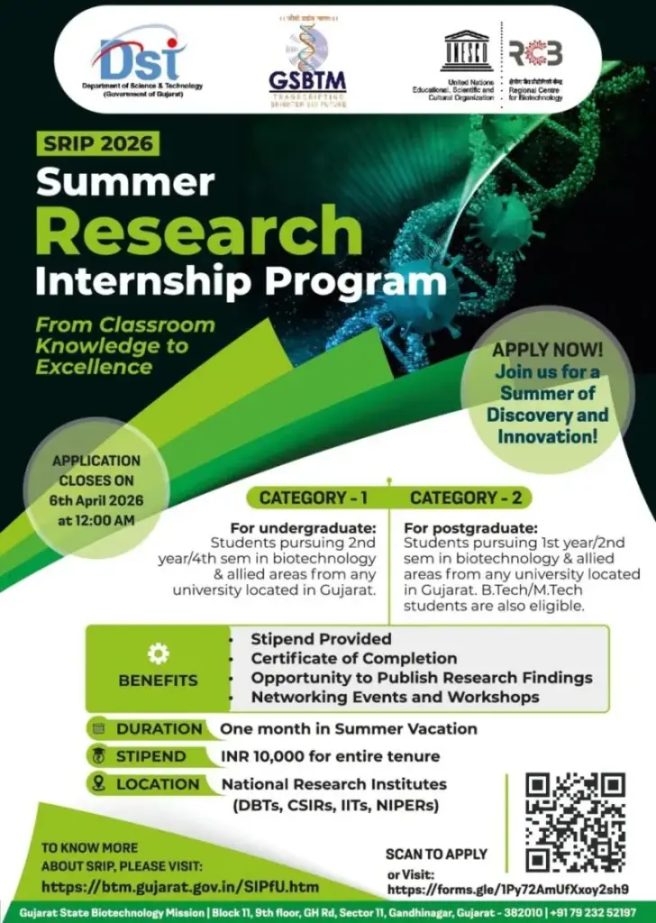 SRIP 2026 Summer Research Internship GSBTM for Biotechnology Students