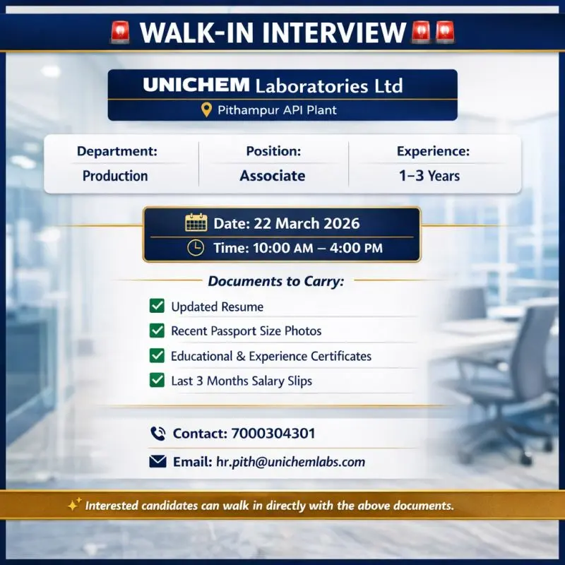 Unichem walk-in Production Associate 3 Unichem walk-in Production Associate