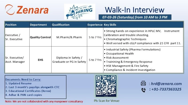 Zenara Walk-in QC Executive & EHS Sr Executive 3 Zenara Walk-in QC Executive & EHS Sr Executive