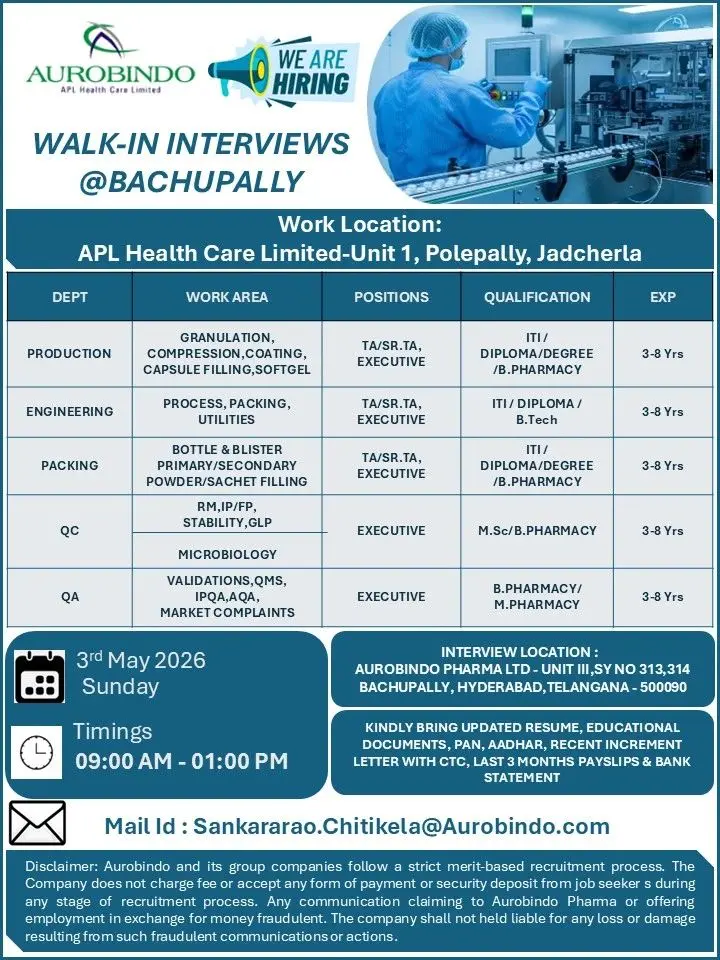 Aurobindo Pharma Walk-in Production , QC , QA , Engineering , Packing 3 Aurobindo Pharma Walk-in Production , QC , QA , Engineering , Packing